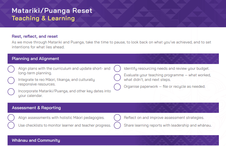 Te Whakahoutanga i te Matariki me te Puanga | Matariki/Puanga Kaiako Checklist