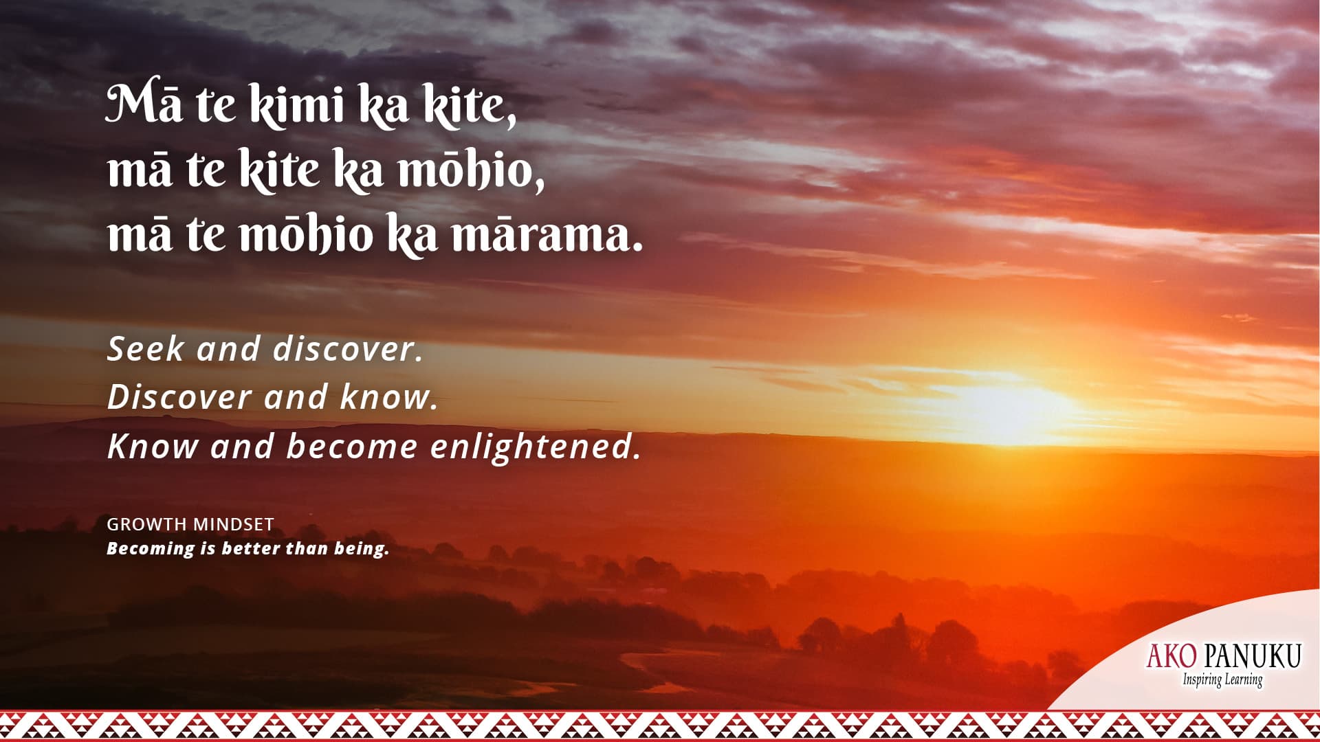 Mā te kimi ka kite, mā te kite ka mōhio, mā te mōhio ka mārama.” A virtual background to add to your online classroom profile. Full colour.